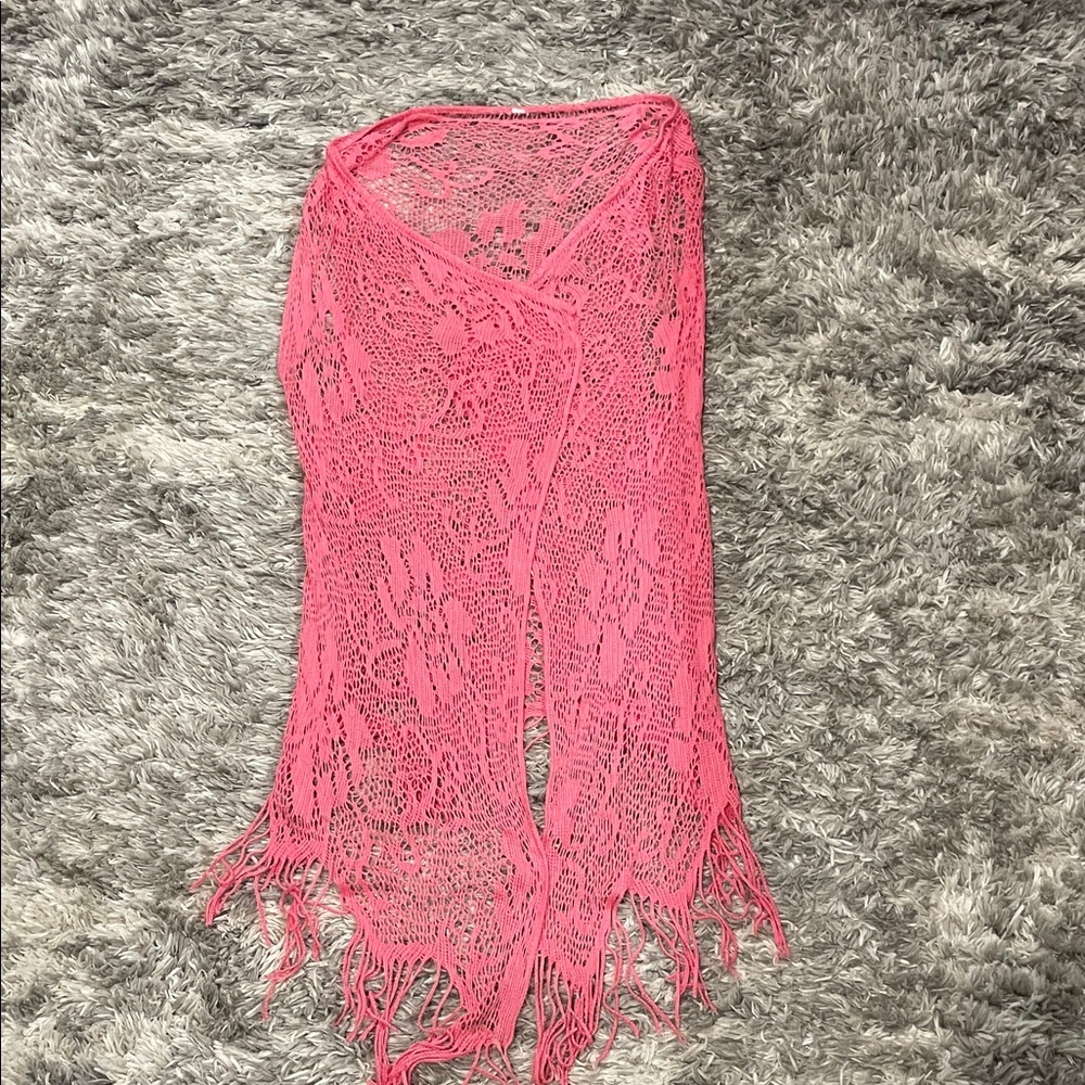 Pink Crochet Fringe Shawl